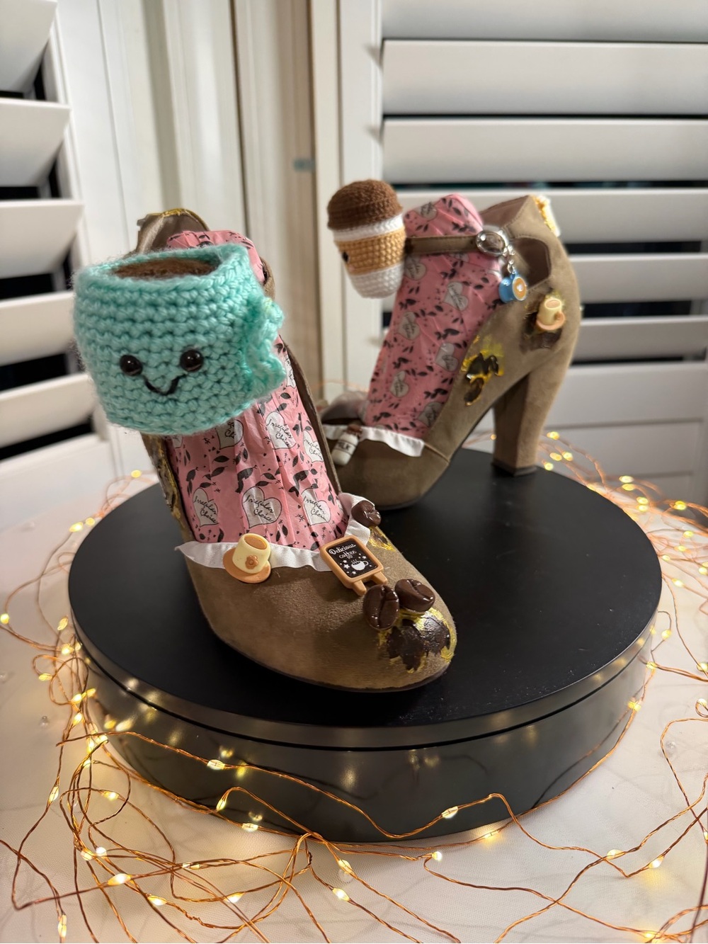 Upcycled Hand Embellished Coffee Themed Statement Heels, OOAK, size 8.